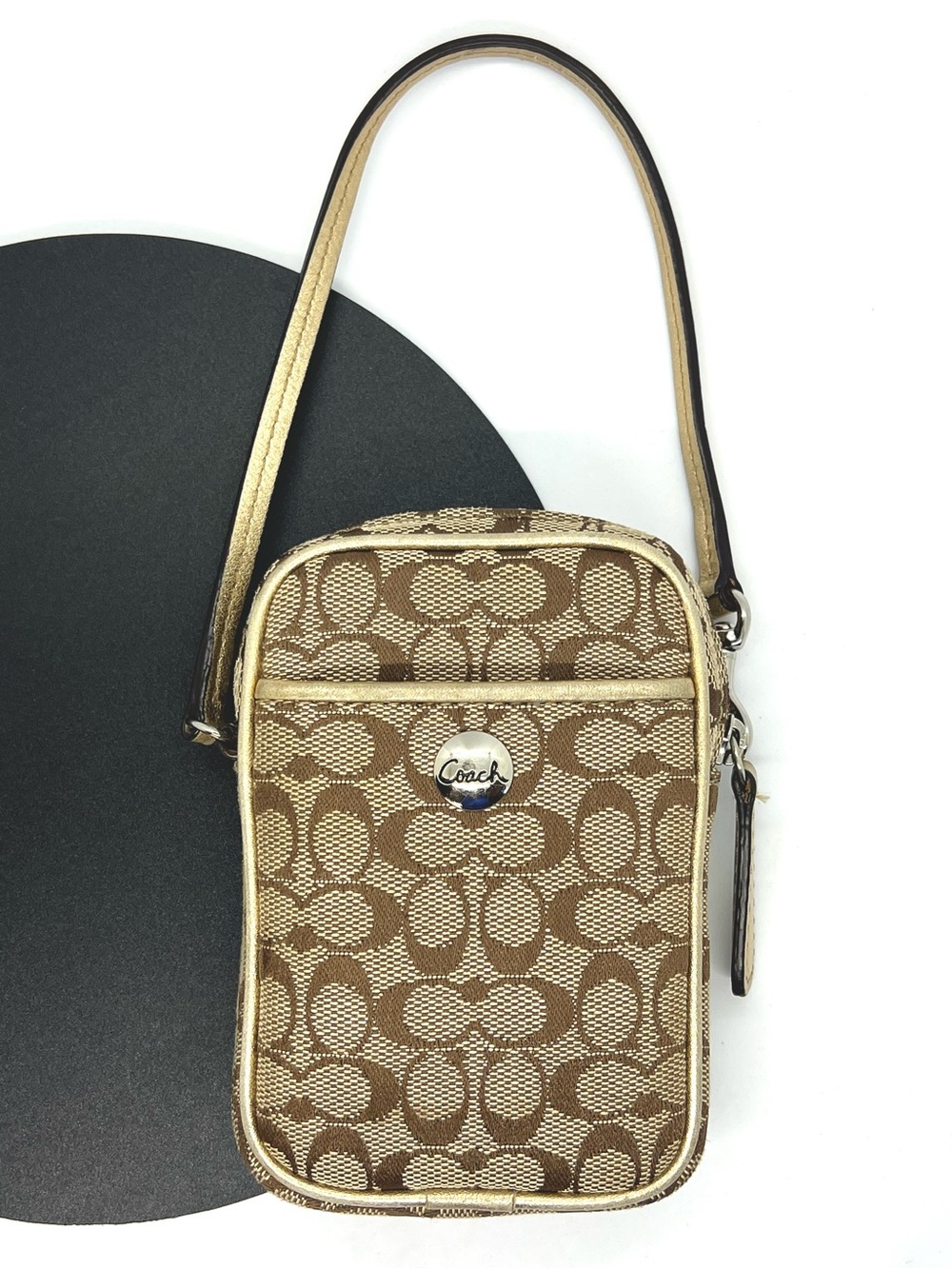 Vintage Coach Y2K Signature Jacquard Camera Phone Crossbody Pouch Khaki Gold
